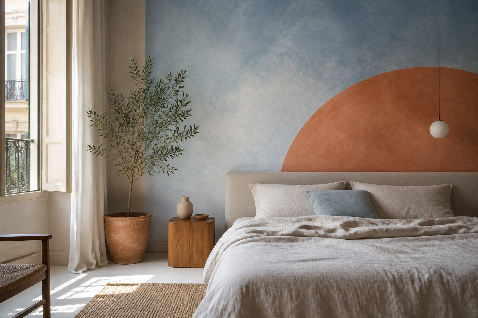 Chambre avec décor mural à la chaux