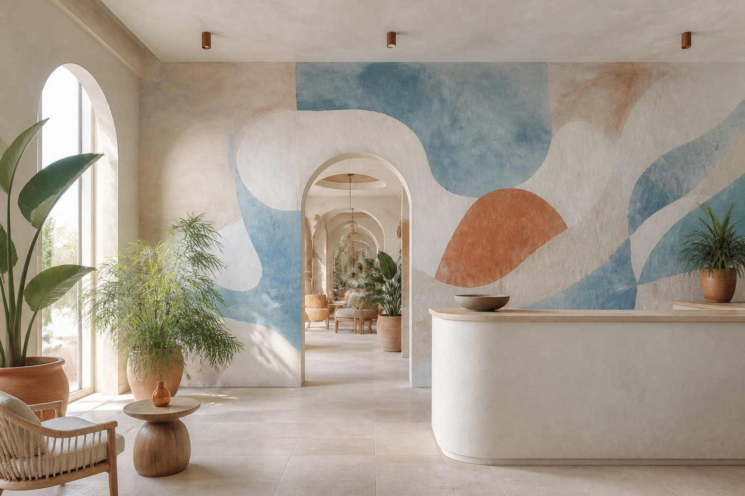 Décor mural minéral dans un hôtel méditerranéen
