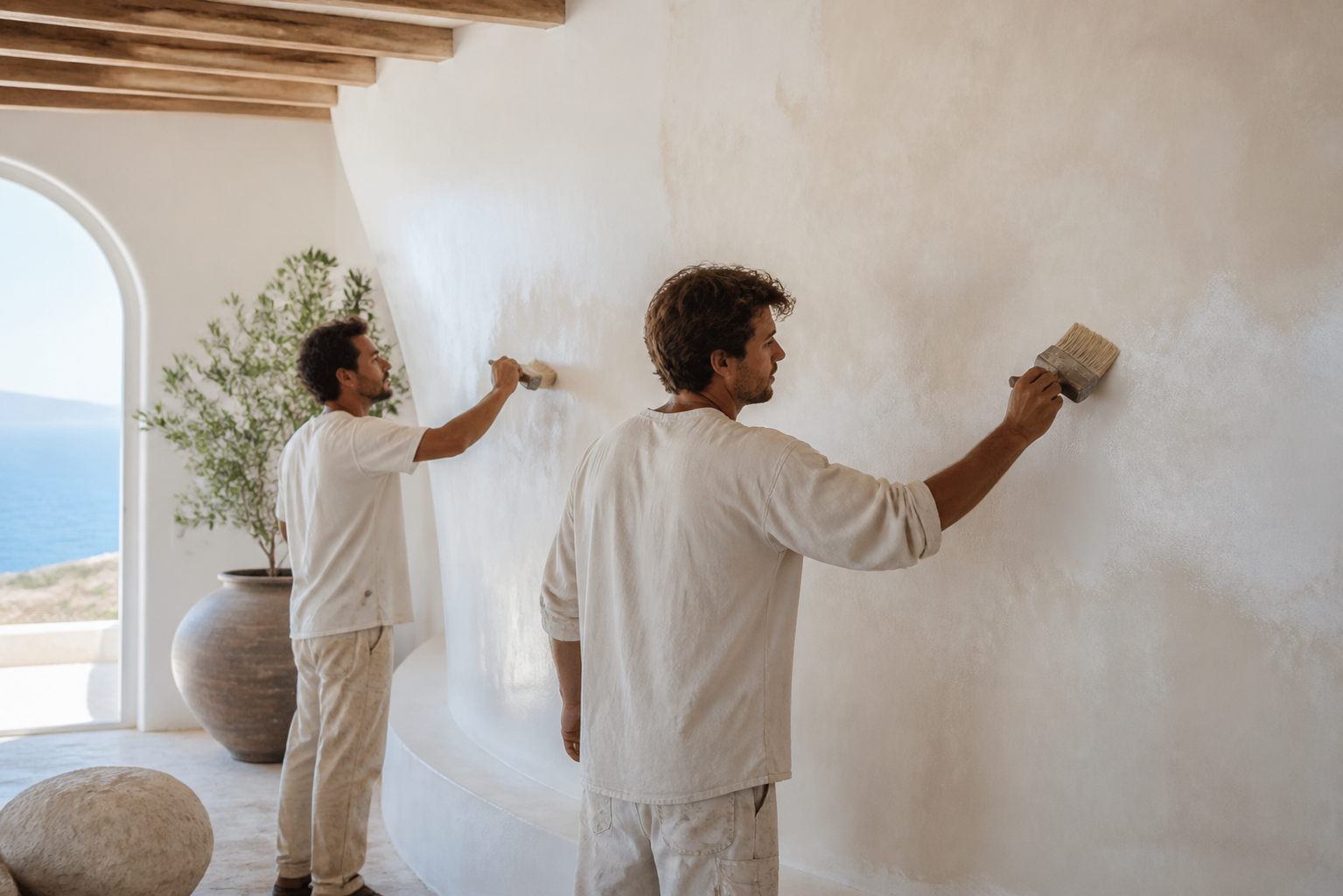 Artisans appliquant un enduit à la chaux
